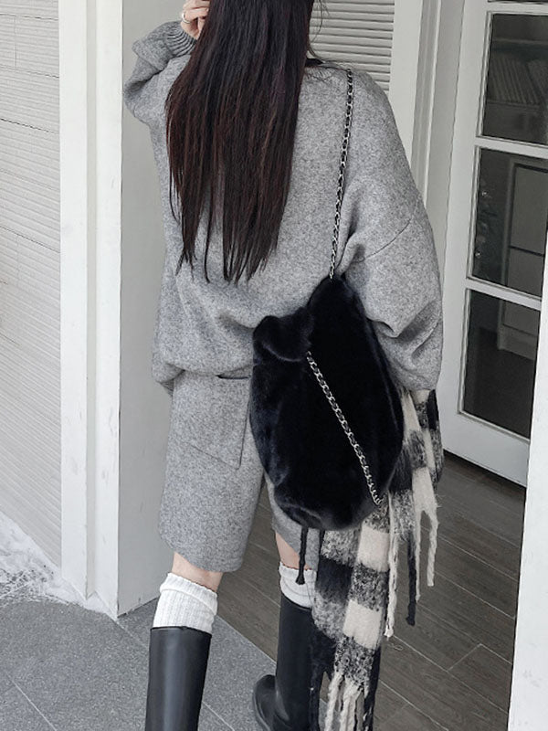 xakxx Long Sleeves Loose Buttoned Round-Neck Sweater Top + Drawstring Shorts Bottom Two Pieces Set