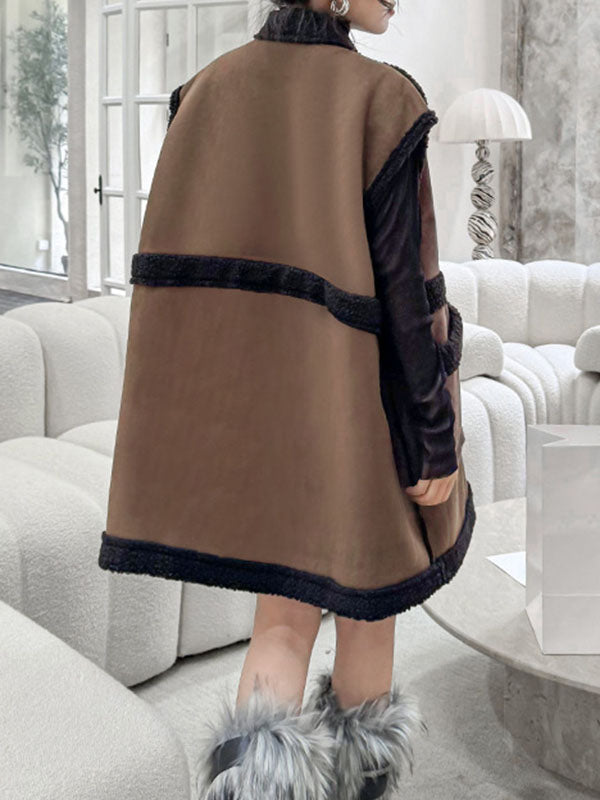 xakxx Loose Sleeveless Buttoned Contrast Color Pockets Reversible Velvet Stand Collar Vest Outerwear