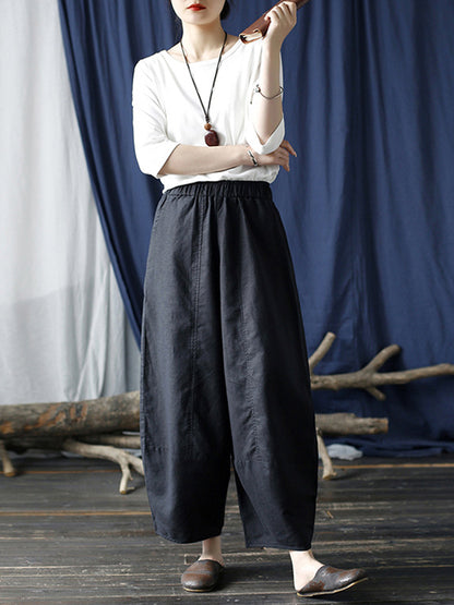 xakxx Simple Solid Color Elasticity Waisted Wide Leg Pants