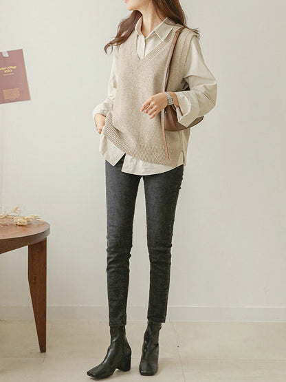 xakxx Casual Loose Sleeveless Solid Color V-Neck Sweater Vest Outerwear