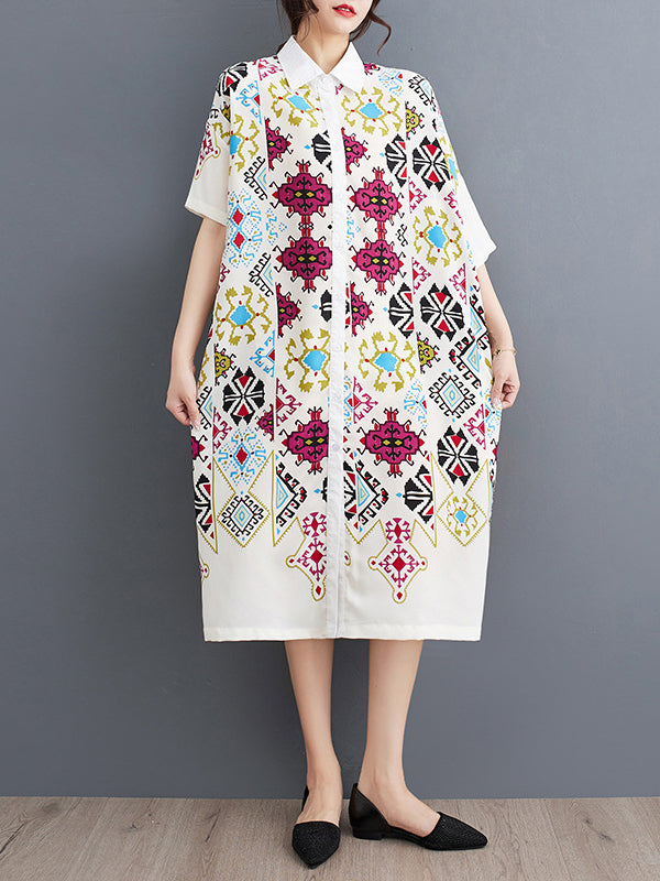 xakxx A-Line Loose Buttoned Printed Lapel Midi Dresses