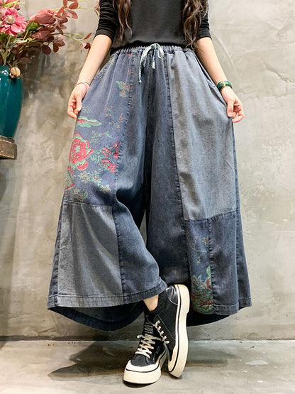 xakxx Casual Wide Leg Loose Color-Block Bandage Embroidered Jean Pants Bottoms