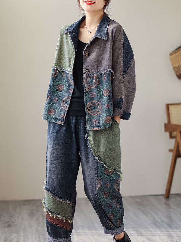 xakxx Contrast Color Fringed Split-Joint Long Sleeves Printed Outwear + Harem Pants  Two Pieces Set