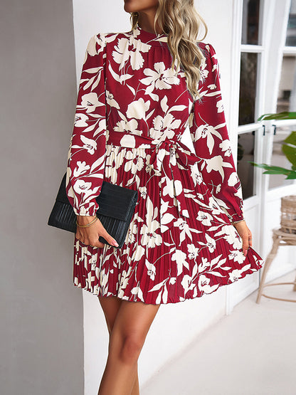 xakxx High Waisted Long Sleeves Flower Print Pleated Tied Waist Mock Neck Mini Dresses