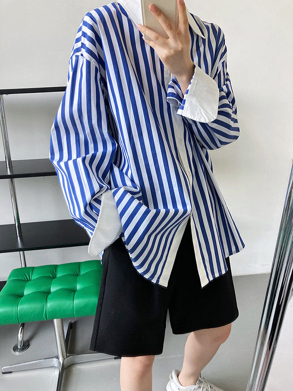 xakxx Simple Long Sleeves Contrast Color Striped Lapel Blouse Top