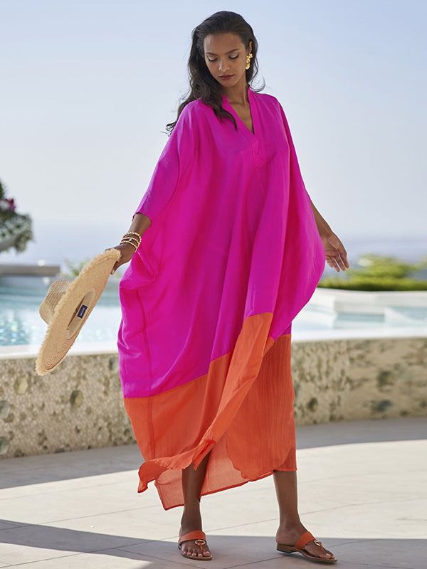 xakxx Beach Loose Contrast Color Split-Joint V-Neck Maxi Dresses