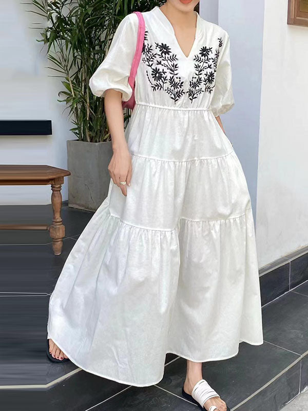 xakxx Bishop Sleeve Loose Embroidered Pleated V-Neck Midi Dresses