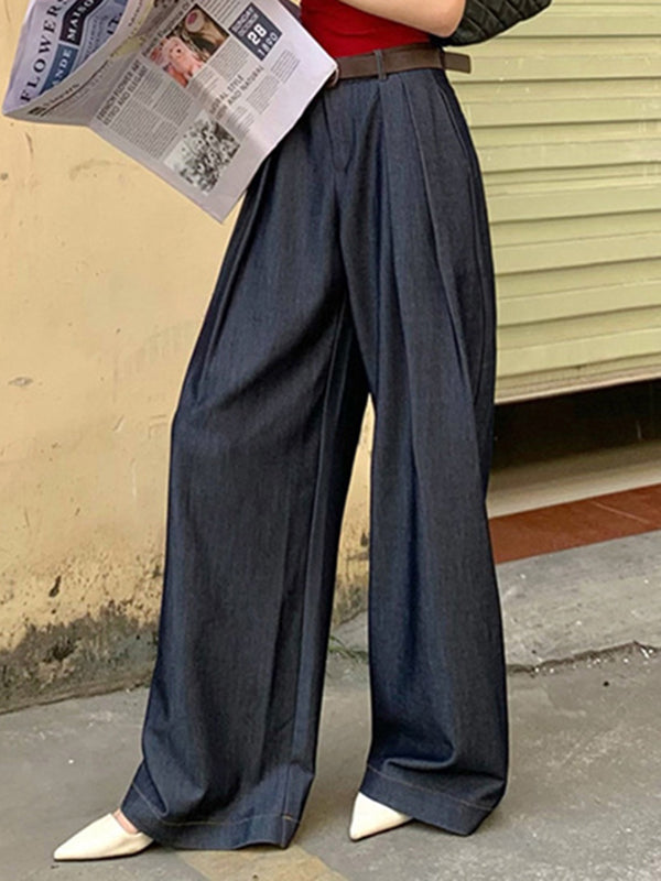 xakxx Loose Wide Leg High-Waisted Pleated Solid Color Pants Trousers