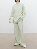 xakxx xakxx-Solid Color Long Sleeves High-Neck Sweater Top + Wide Leg Pants Bottom Two Pieces Set