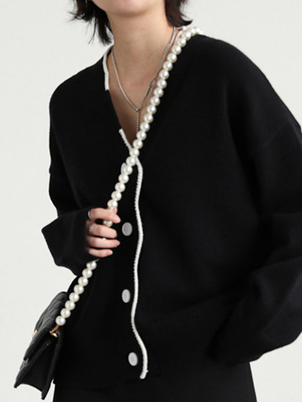 xakxx Casual Loose Long Sleeves Buttoned Contrast Color V-Neck Cardigan Tops