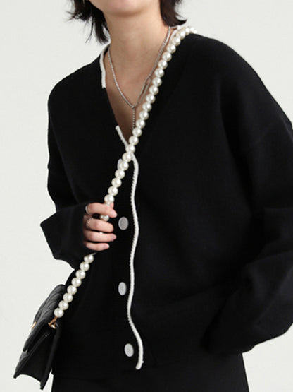xakxx Casual Loose Long Sleeves Buttoned Contrast Color V-Neck Cardigan Tops