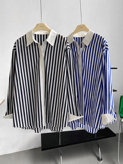 xakxx Simple Long Sleeves Contrast Color Striped Lapel Blouse Top
