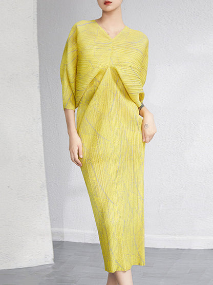 xakxx Urban Loose Batwing Sleeves Printed Pleated V-Neck Midi Dresses