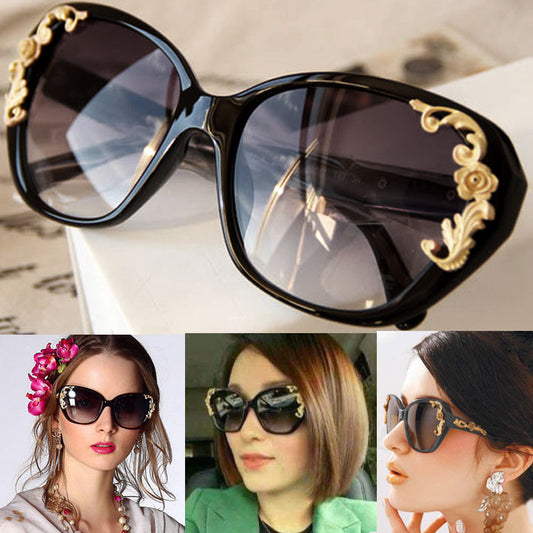 xakxx Women's Vintage Gold-tone Roses Carving Oversize Black Frame Sunglasses