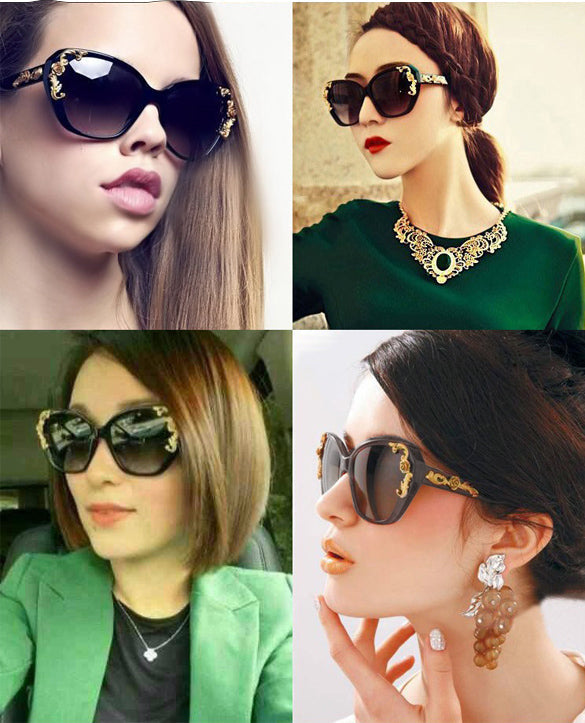 xakxx Women's Vintage Gold-tone Roses Carving Oversize Black Frame Sunglasses