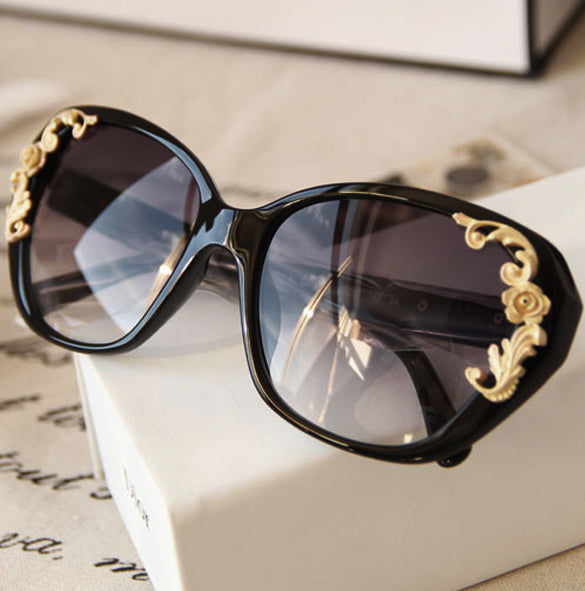 xakxx Women's Vintage Gold-tone Roses Carving Oversize Black Frame Sunglasses