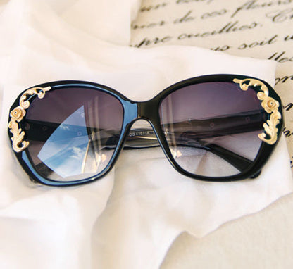 xakxx Women's Vintage Gold-tone Roses Carving Oversize Black Frame Sunglasses