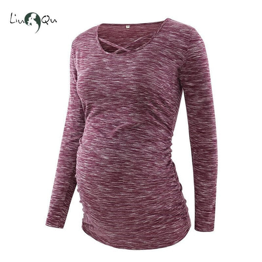 xakxx Women's Casual Pregnant Blouses Top Maternity Clothes V Neck Cross Long Sleeve Comfortable Pregnancy T-Shirt Soft Flattering Top
