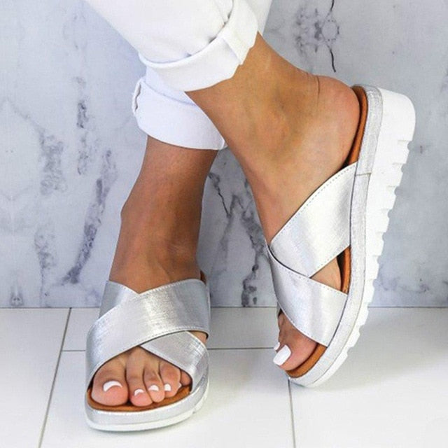 xakxx Summer Women Comfy PU Leather Shoes Ladies Platform Flat Sandal Soft Big Toe Foot Orthopedic Correction Casual Sandal