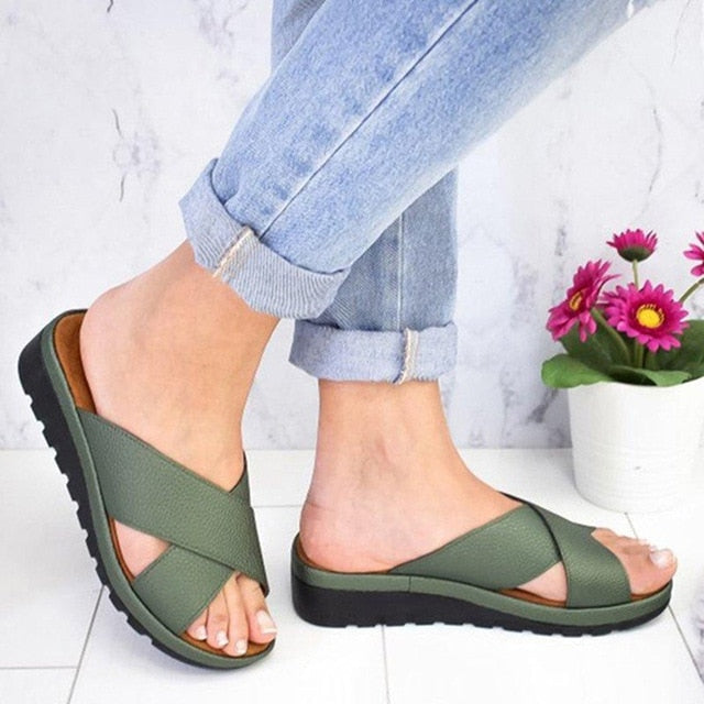 xakxx Summer Women Comfy PU Leather Shoes Ladies Platform Flat Sandal Soft Big Toe Foot Orthopedic Correction Casual Sandal
