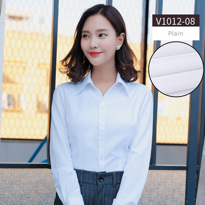 Women Blouse Long Sleeve Shirts Striped/Solid Color Ladies Office Shirts White Slim-fit Female Formal Social Blouses Tops Blusas