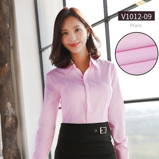 Women Blouse Long Sleeve Shirts Striped/Solid Color Ladies Office Shirts White Slim-fit Female Formal Social Blouses Tops Blusas