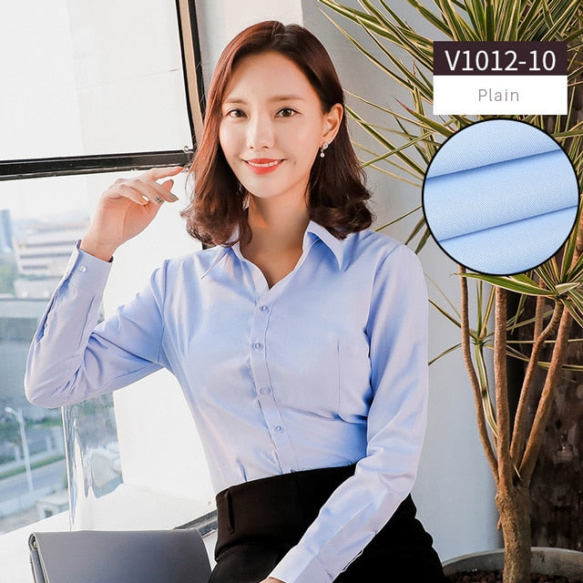 Women Blouse Long Sleeve Shirts Striped/Solid Color Ladies Office Shirts White Slim-fit Female Formal Social Blouses Tops Blusas