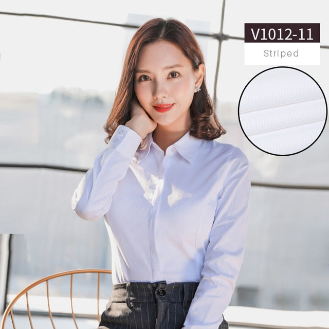 Women Blouse Long Sleeve Shirts Striped/Solid Color Ladies Office Shirts White Slim-fit Female Formal Social Blouses Tops Blusas