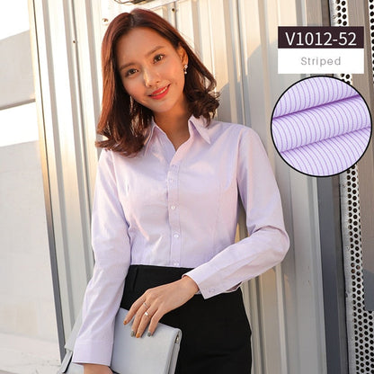 Women Blouse Long Sleeve Shirts Striped/Solid Color Ladies Office Shirts White Slim-fit Female Formal Social Blouses Tops Blusas