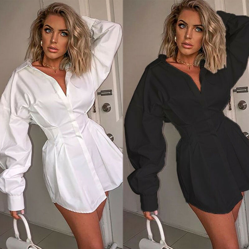 xakxx ins French Stylish Slim Blouse Ladies Women Clothes Deep V Long Puff Sleeve Shirtdress Shirt Autumn Casual Black White