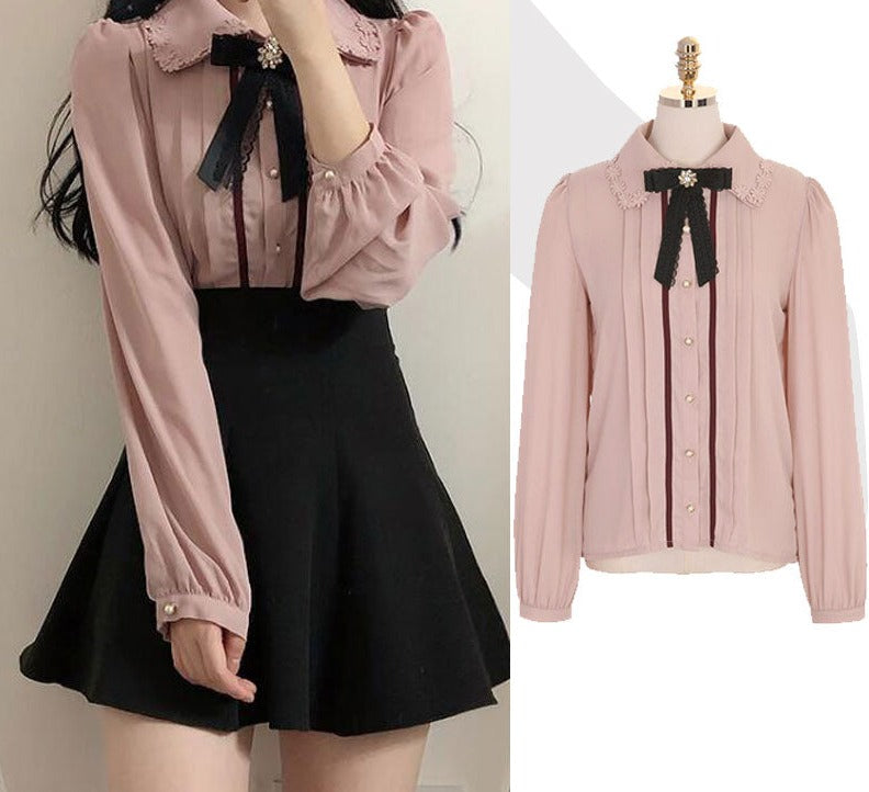 xakxx Spring Women&#39;s Cute Tops Preppy Style Vintage Japaneses Korea Design Button Elegant Formal Shirts Blouses Pink White