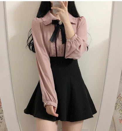 xakxx Spring Women&#39;s Cute Tops Preppy Style Vintage Japaneses Korea Design Button Elegant Formal Shirts Blouses Pink White