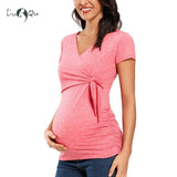 Women Short Sleeve Tees Maternity Summer Tops Pregnant Wrap Breastfeeding Clothes Solid Color Tops for Pregnancy Blouses Tops