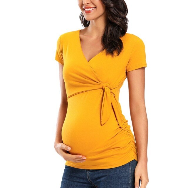 Women Short Sleeve Tees Maternity Summer Tops Pregnant Wrap Breastfeeding Clothes Solid Color Tops for Pregnancy Blouses Tops