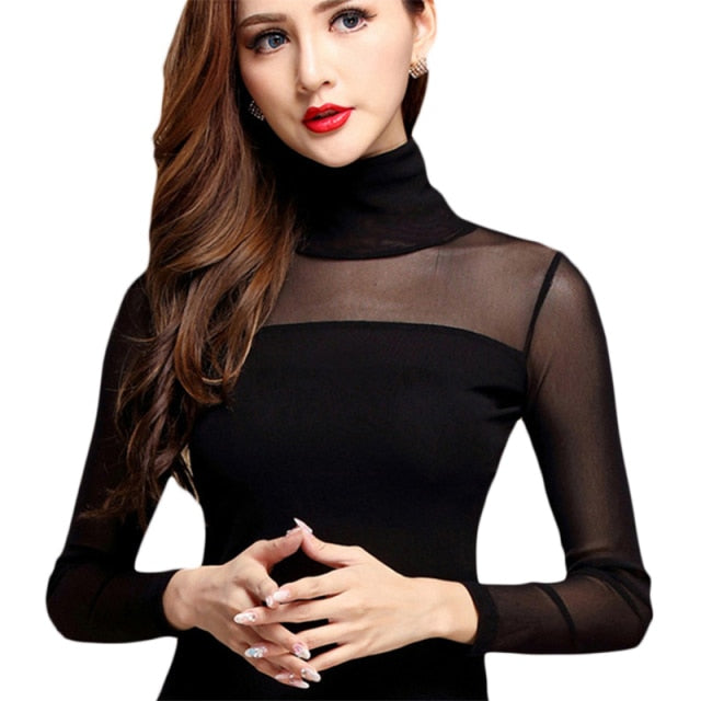 xakxx Women Mesh Elastic Blouse Shirt Autumn Winter Casual Tops and Blouses Turtleneck Long Sleeve Slim Plus Size New Sexy Stretch