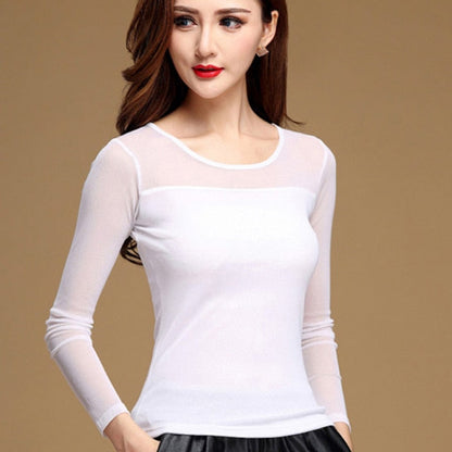 xakxx Women Mesh Elastic Blouse Shirt Autumn Winter Casual Tops and Blouses Turtleneck Long Sleeve Slim Plus Size New Sexy Stretch