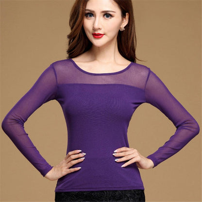 xakxx Women Mesh Elastic Blouse Shirt Autumn Winter Casual Tops and Blouses Turtleneck Long Sleeve Slim Plus Size New Sexy Stretch