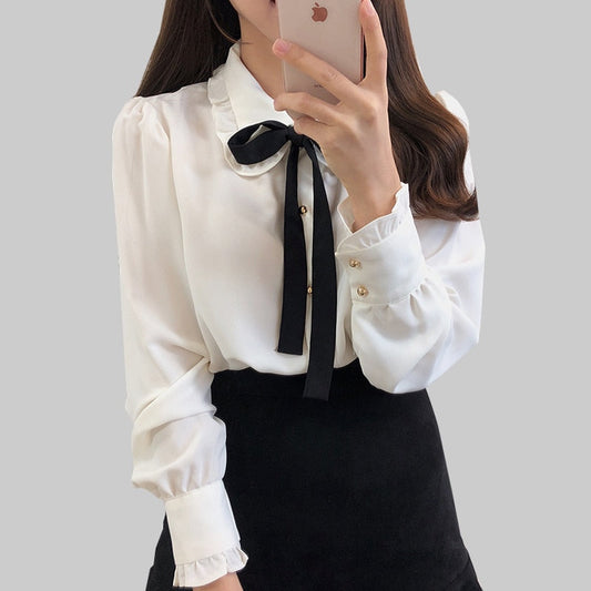 Bow Shirts Woman Long Sleeve Button Chiffon Blouse Women  New Embroidery Blouses Butterfly Sleeve Casual White Shirt Femme