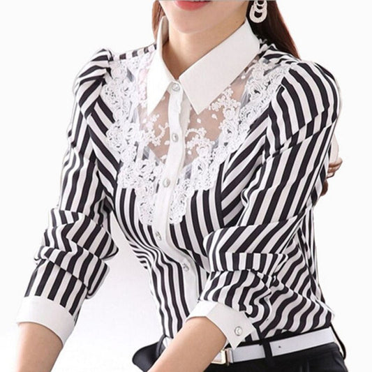 xakxx Women Blouse Long Sleeve Lace Tops Striped Turn-Down Collar Blouses Official Female Formal Shirt Spring Autumn