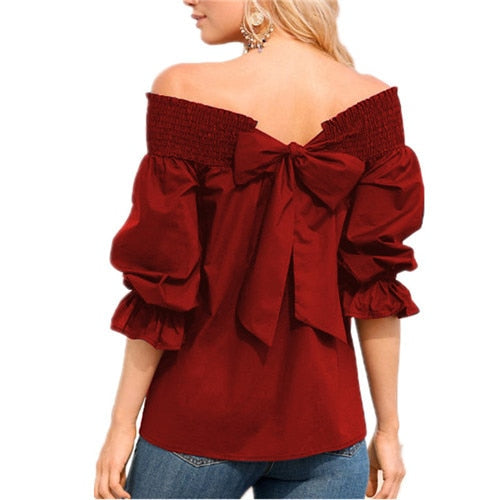 Sexy Off Shoulder Spring Summer Strapless Blouse Women Bowknot Tops Slash Neck Shirts Casual Loose blusas mujer de moda