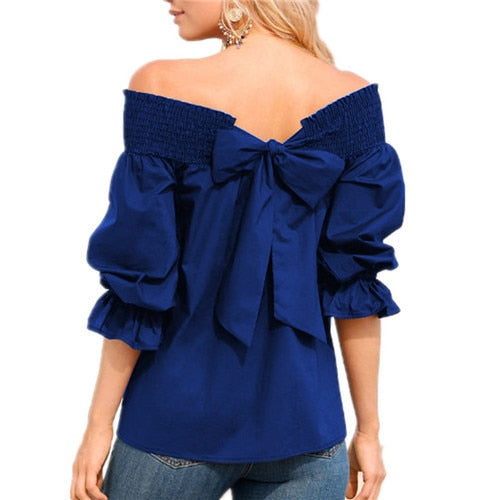 Sexy Off Shoulder Spring Summer Strapless Blouse Women Bowknot Tops Slash Neck Shirts Casual Loose blusas mujer de moda