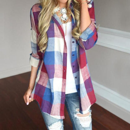 Womens Plaid Top Plus Size  Clothes  Turn Down Collar Long Sleeve  Woman Shirts  Streetwear Women Tops And Blouses