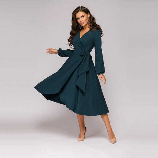 xakxx Women Vintage Sashes Bandage Office Dress Long Sleeve Sexy V neck Solid Casual A-line Party Dress Autumn New Fashion Dress