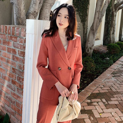 Fashion Double Breasted Women Pant Suit Notched Blazer Jacket & High Waist Pant Female Blazer Set   Office Wear Women Suits