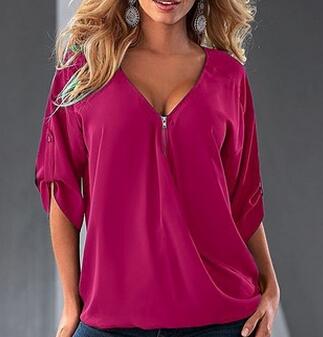 xakxx S-5XL Blouses Loose shirt White,Red,Black,Blue Sexy Women See Through Chiffon Shirts V Neck Half Casual Blouse Tops Plus Size
