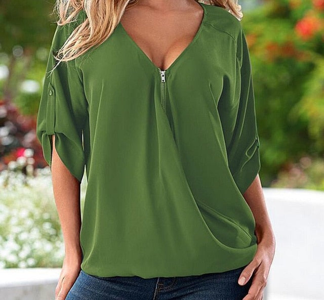 xakxx S-5XL Blouses Loose shirt White,Red,Black,Blue Sexy Women See Through Chiffon Shirts V Neck Half Casual Blouse Tops Plus Size