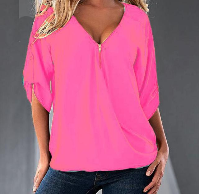 xakxx S-5XL Blouses Loose shirt White,Red,Black,Blue Sexy Women See Through Chiffon Shirts V Neck Half Casual Blouse Tops Plus Size