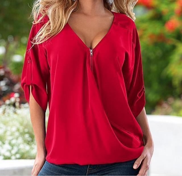xakxx S-5XL Blouses Loose shirt White,Red,Black,Blue Sexy Women See Through Chiffon Shirts V Neck Half Casual Blouse Tops Plus Size
