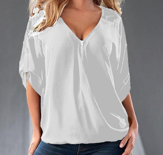xakxx S-5XL Blouses Loose shirt White,Red,Black,Blue Sexy Women See Through Chiffon Shirts V Neck Half Casual Blouse Tops Plus Size