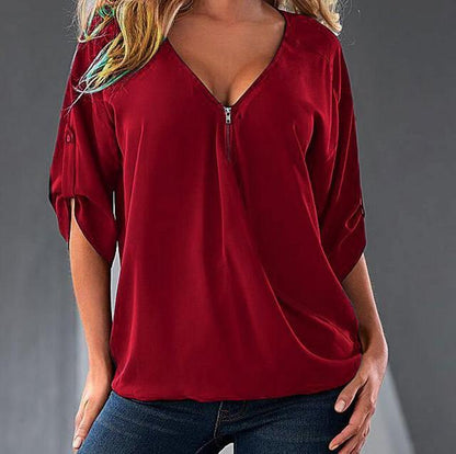 xakxx S-5XL Blouses Loose shirt White,Red,Black,Blue Sexy Women See Through Chiffon Shirts V Neck Half Casual Blouse Tops Plus Size